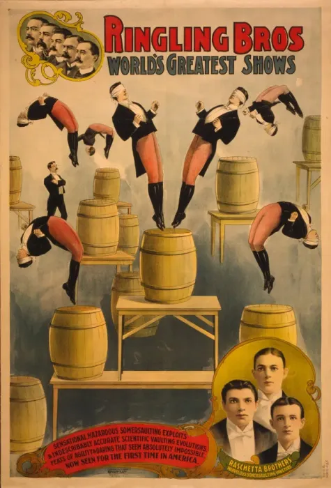 Framed Print : Ringling Bros, worlds greatest shows Raschetta brothers, marvelous somersaulting vaulters, c. 1900. Artist: Courier Company Lith Framed Print : Ringling Bros, worlds greatest shows Raschetta brothers, marvelous somersaulting vaulters, c. 1900. Artist: Courier Company Lith