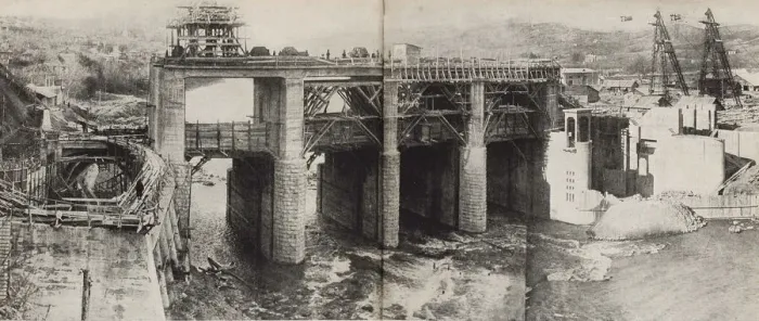 Framed Print : Rioni Hydroelectric Power Plant. Illustration from USSR Builds Socialism, 1933. Creator: Lissitzky Framed Print : Rioni Hydroelectric Power Plant. Illustration from USSR Builds Socialism, 1933. Creator: Lissitzky
