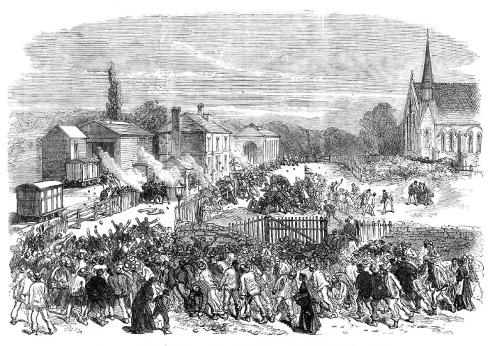 Framed Print : The Riot at Mold, Flintshire: attack on the soldiers at the railway station, 1869. Creator: Unknown Framed Print : The Riot at Mold, Flintshire: attack on the soldiers at the railway station, 1869. Creator: Unknown