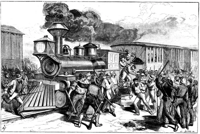 Framed Print : Riot by railway workers at Martinsbury on the Baltimore and Ohio Railroad, August, 1877 Framed Print : Riot by railway workers at Martinsbury on the Baltimore and Ohio Railroad, August, 1877