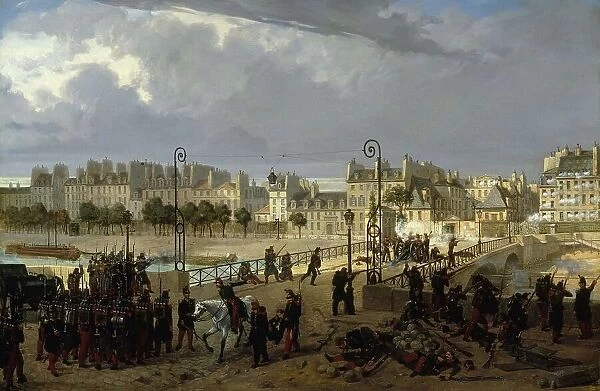 Riot scene at the Pont de l'Archeveche, 1849. Creator: Unknown