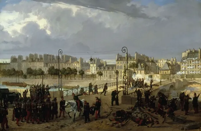 Framed Print : Riot scene at the Pont de l'Archeveche, 1849. Creator: Unknown Framed Print : Riot scene at the Pont de l'Archeveche, 1849. Creator: Unknown