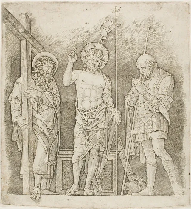 Framed Print : Risen Christ Between Saints Andrew and Longinus, c.1472. Creator: School of Andrea Mantegna Framed Print : Risen Christ Between Saints Andrew and Longinus, c.1472. Creator: School of Andrea Mantegna