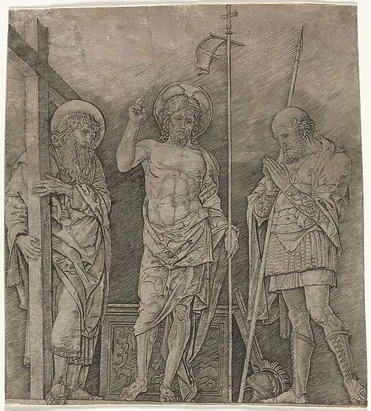 The Risen Christ between St Andrew and Longinus, early 1470 s. Creator: Andrea Mantegna (Italian