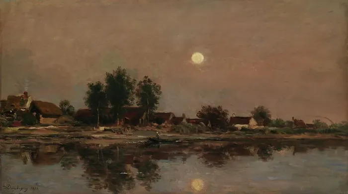 Framed Print : The Rising Moon on the River Bank; Village by the Light of the Moon, 1874. Creator: Charles Francois Daubigny Framed Print : The Rising Moon on the River Bank; Village by the Light of the Moon, 1874. Creator: Charles Francois Daubigny