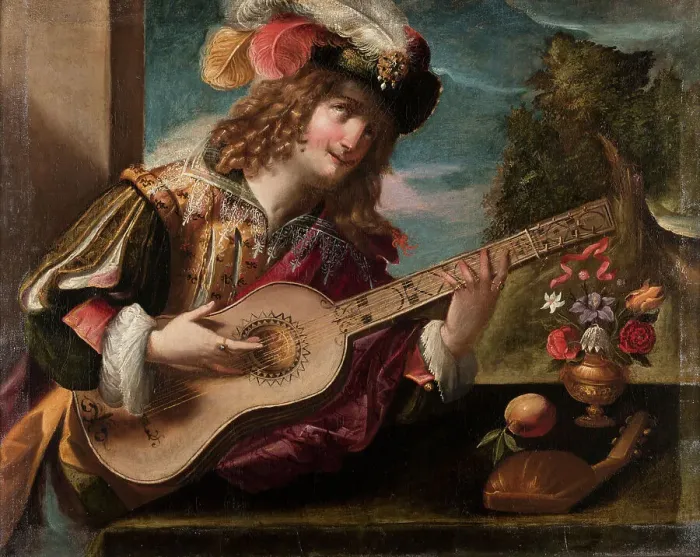 Framed Print : Ritratto di suonatore con chitarra (Portrait of a Guitar Player), 1636. Creator: Pombioli, Tommaso (1579-1636) Framed Print : Ritratto di suonatore con chitarra (Portrait of a Guitar Player), 1636. Creator: Pombioli, Tommaso (1579-1636)