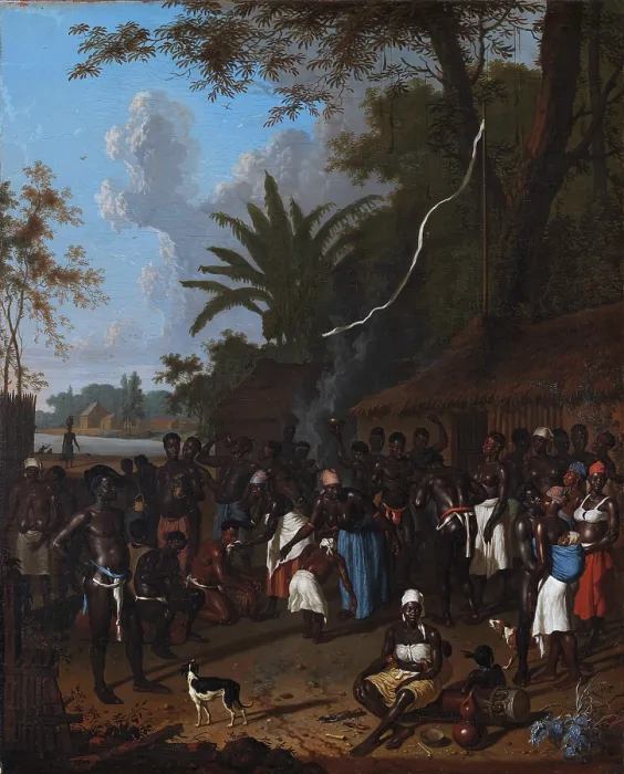 Framed Print : Ritual slave feast on a sugar plantation in Suriname, c1707. Creator: Valkenburg, Dirk (1675-1721)