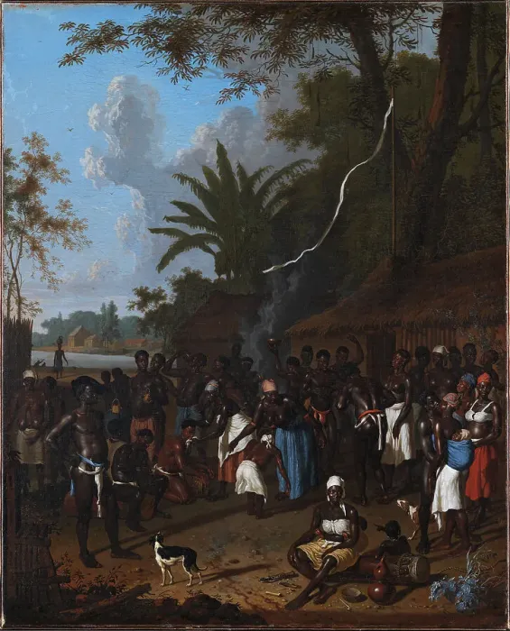 Framed Print : Ritual Slave Party on a Sugar Plantation in Surinam, 1706-1708. Creators: Dirk Valkenburg, Dionys Verburg, Willem Willemsz Buytewech Framed Print : Ritual Slave Party on a Sugar Plantation in Surinam, 1706-1708. Creators: Dirk Valkenburg, Dionys Verburg, Willem Willemsz Buytewech
