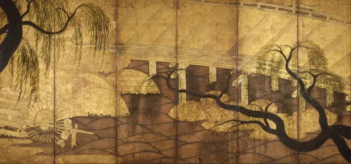 Framed Print : The River Bridge at Uji, 1568-1615. Artist: Anonymous