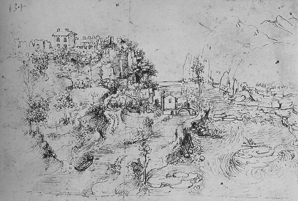 A River with a Canal Alongside and a Castle on a Hill, c1480 (1945). Artist: Leonardo da Vinci