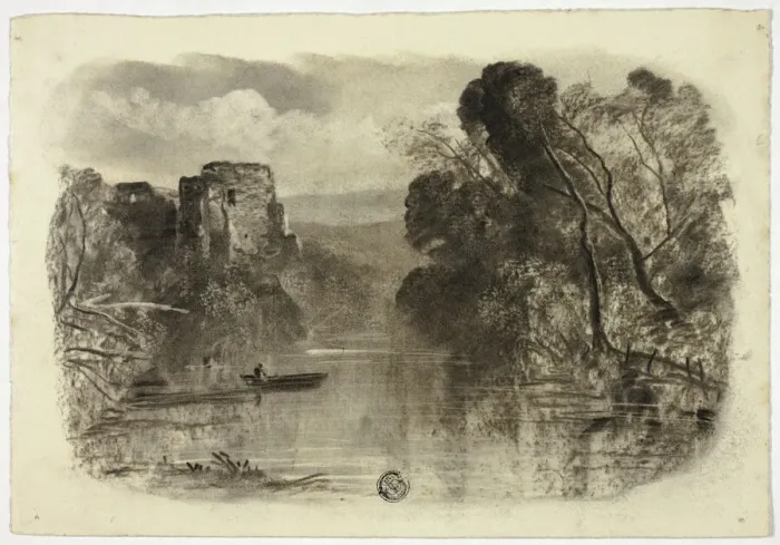 Framed Print : River with Castle Ruin and Boat I, c. 1855. Creator: Elizabeth Murray Framed Print : River with Castle Ruin and Boat I, c. 1855. Creator: Elizabeth Murray