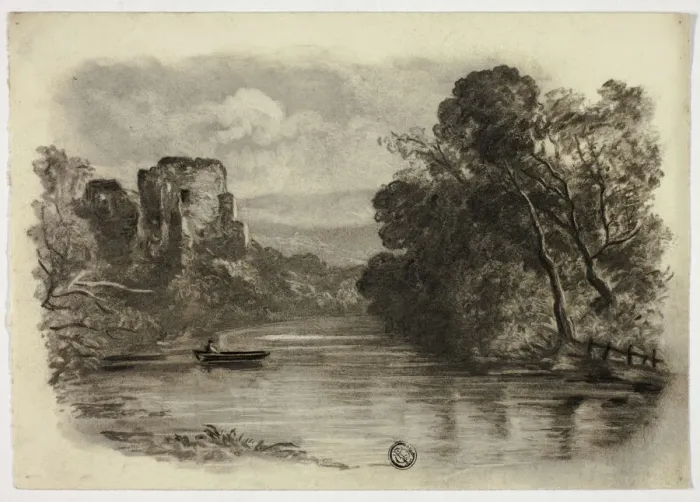 Framed Print : River with Castle Ruin and Boat II, c. 1855. Creator: Elizabeth Murray Framed Print : River with Castle Ruin and Boat II, c. 1855. Creator: Elizabeth Murray