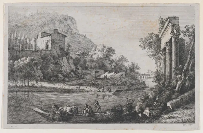 Framed Print : River Crossing, 1796. Creator: Jean-Jacques de Boissieu Framed Print : River Crossing, 1796. Creator: Jean-Jacques de Boissieu