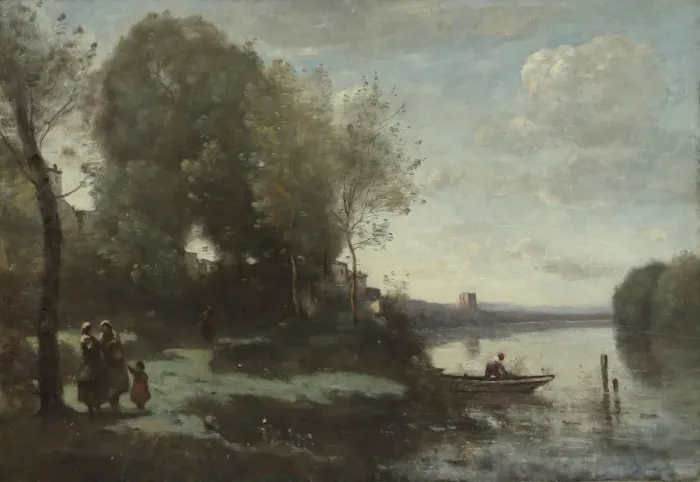 Framed Print : River with a Distant Tower, 1865. Creator: Jean-Baptiste-Camille Corot Framed Print : River with a Distant Tower, 1865. Creator: Jean-Baptiste-Camille Corot