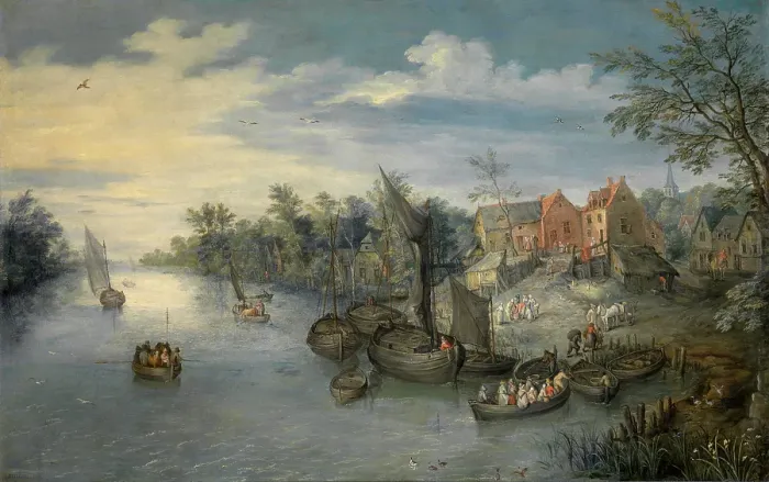 Framed Print : River Landscape, 1603. Creator: Jan Brueghel the Elder Framed Print : River Landscape, 1603. Creator: Jan Brueghel the Elder