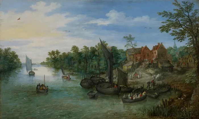 Framed Print : River Landscape, 1612. Creator: Jan Brueghel the Elder Framed Print : River Landscape, 1612. Creator: Jan Brueghel the Elder