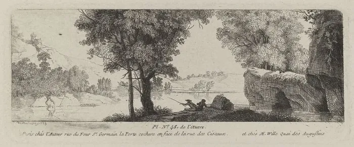 Framed Print : River Landscape with an Angler, 1773. Creator: Antoine de Marcenay Ghuy Framed Print : River Landscape with an Angler, 1773. Creator: Antoine de Marcenay Ghuy