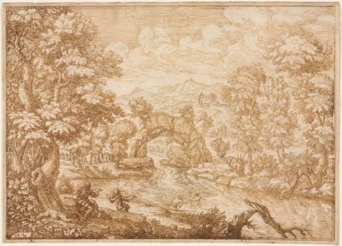 Framed Print : River Landscape with Arched Rock, second half 1600s. Creator: Crescenzio di Onofrio (Italian Framed Print : River Landscape with Arched Rock, second half 1600s. Creator: Crescenzio di Onofrio (Italian
