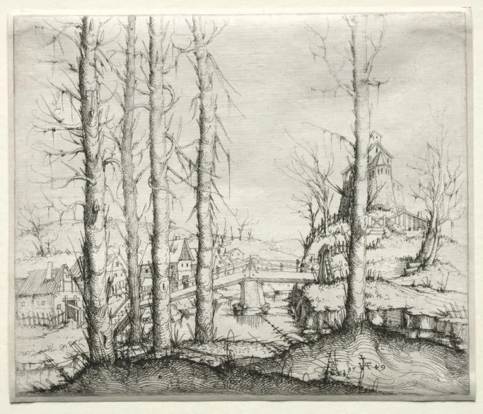 Framed Print : River Landscape with Five Bare Spruce Trees in the Foreground, 1549 Framed Print : River Landscape with Five Bare Spruce Trees in the Foreground, 1549