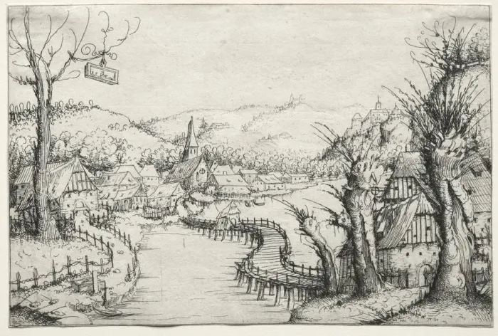 Framed Print : River Landscape with three bare willow-trees at right and a long winding wooden bridge Framed Print : River Landscape with three bare willow-trees at right and a long winding wooden bridge
