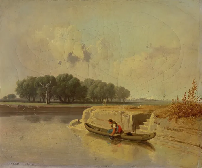 Framed Print : River landscape with boat, 1866. Creator: Karol Marko Framed Print : River landscape with boat, 1866. Creator: Karol Marko