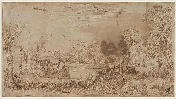 River Landscape with Boats, c. 1590. Creator: Annibale Carracci (Italian, c. 1560-1609)