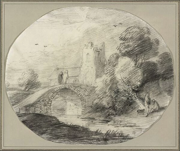 River Landscape with a Bridge and a Church, 1781. Creator: Thomas Gainsborough