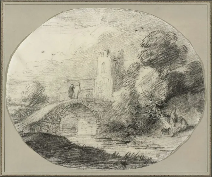 Framed Print : River Landscape with a Bridge and a Church, 1781. Creator: Thomas Gainsborough Framed Print : River Landscape with a Bridge and a Church, 1781. Creator: Thomas Gainsborough