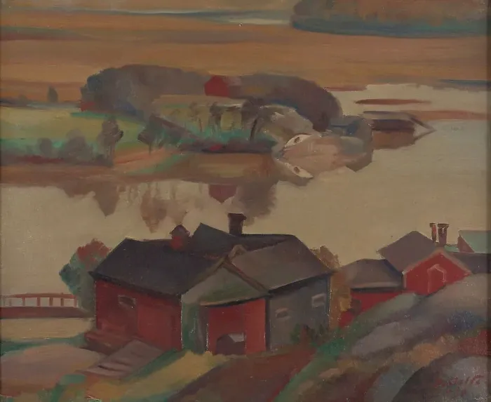 Framed Print : River Landscape With Buildings, 1930. Creator: Ilmari Aalto Framed Print : River Landscape With Buildings, 1930. Creator: Ilmari Aalto