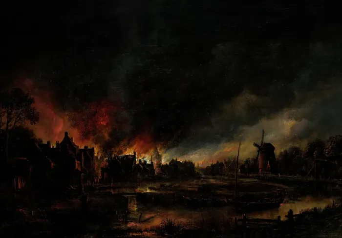 Framed Print : River Landscape with Burning Village, 1625-1650 or 1650-1675. Creator: Aert van der Neer Framed Print : River Landscape with Burning Village, 1625-1650 or 1650-1675. Creator: Aert van der Neer