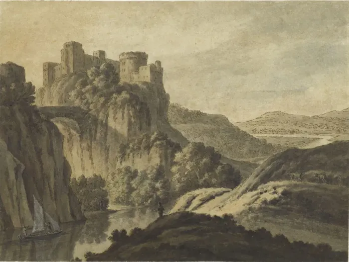Framed Print : A River Landscape With a Castle On An Escarpment, 1780. Artist: Adam, Robert (1728-1792) Framed Print : A River Landscape With a Castle On An Escarpment, 1780. Artist: Adam, Robert (1728-1792)