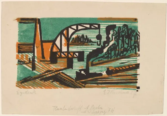 Framed Print : River Landscape with Crane and Barges, 1927. Creator: Ernst Kirchner