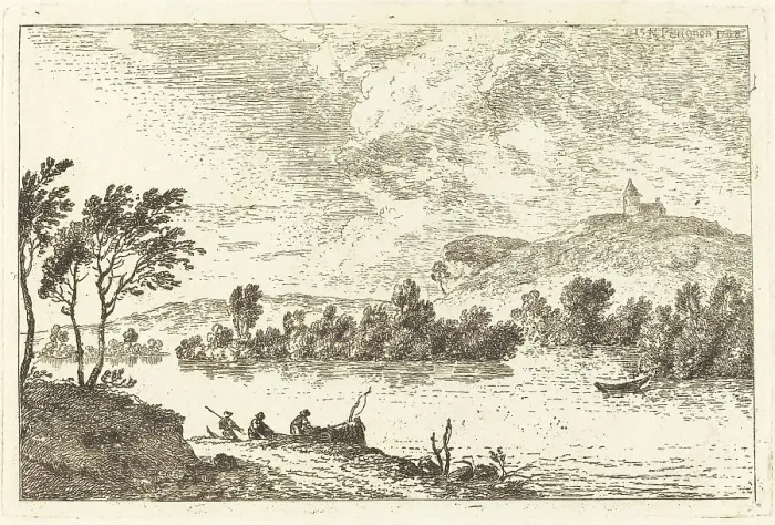 Framed Print : River Landscape with Figures and a Boat at Water's Edge, 1768. Creator: Nicolas Perignon Framed Print : River Landscape with Figures and a Boat at Water's Edge, 1768. Creator: Nicolas Perignon