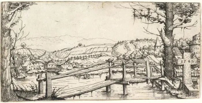 Framed Print : River Landscape with a Footbridge, 1546. Creator: Augustin Hirschvogel Framed Print : River Landscape with a Footbridge, 1546. Creator: Augustin Hirschvogel