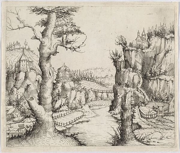 River Landscape with High Cliffs, 1546. Creator: Augustin Hirschvogel