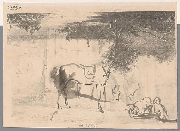 River landscape; two horses and a servant in a stable, 1846. Creator: Johannes Franciscus Hoppenbrouwers