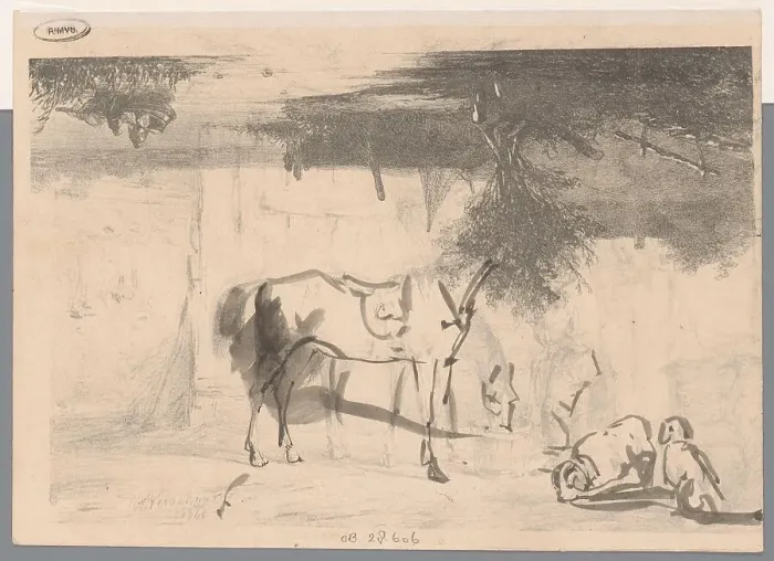 Framed Print : River landscape; two horses and a servant in a stable, 1846. Creator: Johannes Franciscus Hoppenbrouwers Framed Print : River landscape; two horses and a servant in a stable, 1846. Creator: Johannes Franciscus Hoppenbrouwers