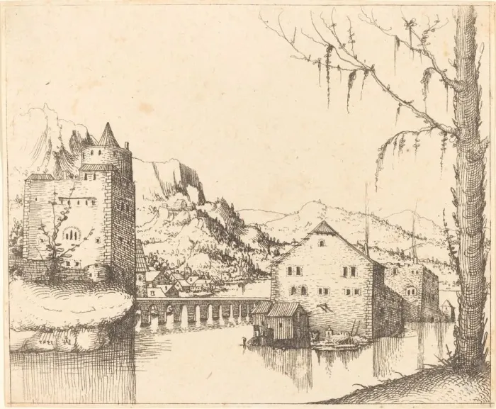 Framed Print : River Landscape with Island Houses, 1545. Creator: Augustin Hirschvogel Framed Print : River Landscape with Island Houses, 1545. Creator: Augustin Hirschvogel