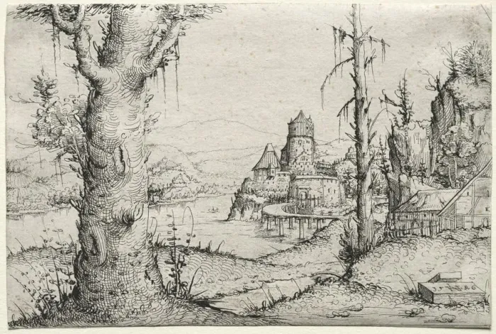 Framed Print : River landscape with large tree at left, 1546. Creator: Augustin Hirschvogel (German, 1503-1553) Framed Print : River landscape with large tree at left, 1546. Creator: Augustin Hirschvogel (German, 1503-1553)