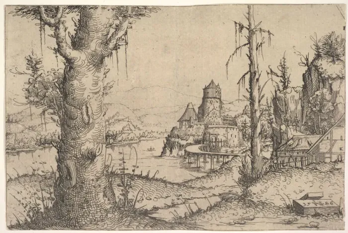 Framed Print : River Landscape with Large Tree at Left, 1546. Creator: Augustin Hirschvogel Framed Print : River Landscape with Large Tree at Left, 1546. Creator: Augustin Hirschvogel