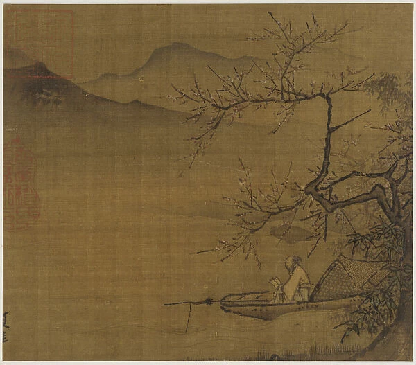 River landscape: a man reading in a boat moored under a blossoming tree, Ming dynasty