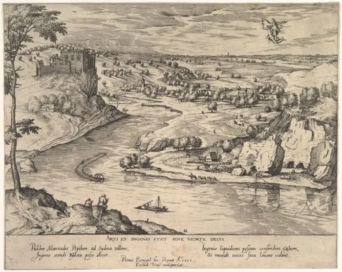 Framed Print : River Landscape with Mercury Abducting Psyche, ca. 1595. Creator: Simon Novellanus Framed Print : River Landscape with Mercury Abducting Psyche, ca. 1595. Creator: Simon Novellanus