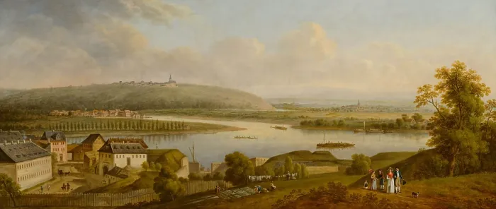 Framed Print : River landscape with the Mouth of the Main into the Rhine near Hochheim. Creator: Schneider, Johann Kaspar (1753-1839) Framed Print : River landscape with the Mouth of the Main into the Rhine near Hochheim. Creator: Schneider, Johann Kaspar (1753-1839)
