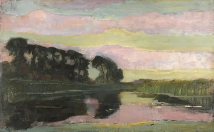 Framed Print : River landscape with pink and yellowgreen sky, ca 1907-1908. Creator: Mondrian, Piet (1872-1944) Framed Print : River landscape with pink and yellowgreen sky, ca 1907-1908. Creator: Mondrian, Piet (1872-1944)