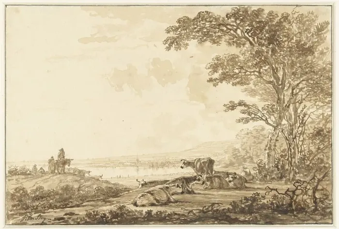 Framed Print : River landscape with resting cattle, 1766-1815. Creator: Jacob van Strij Framed Print : River landscape with resting cattle, 1766-1815. Creator: Jacob van Strij
