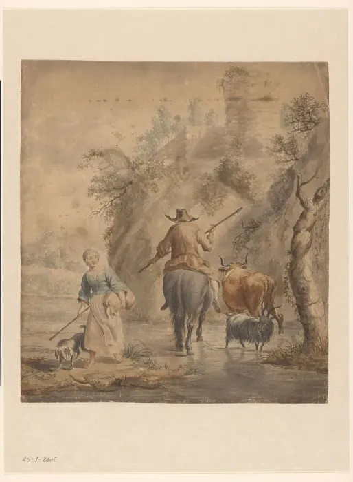 Framed Print : River landscape with a rider, wife and cattle, 1631-1733. Creator: Anon Framed Print : River landscape with a rider, wife and cattle, 1631-1733. Creator: Anon