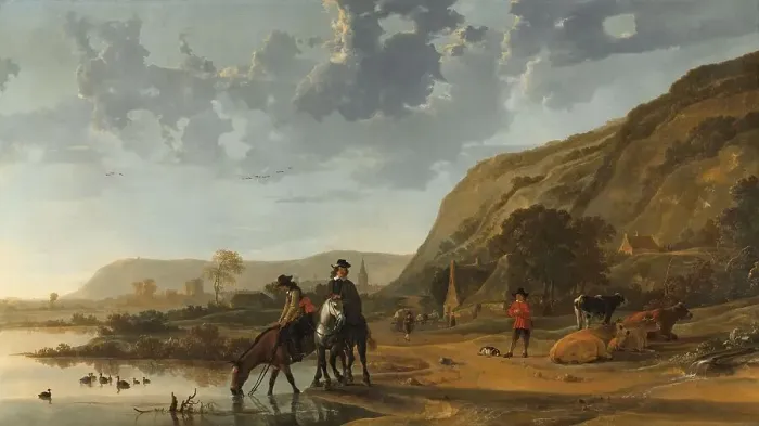 Framed Print : River Landscape with Riders, c.1653-1657. Creator: Aelbert Cuyp Framed Print : River Landscape with Riders, c.1653-1657. Creator: Aelbert Cuyp