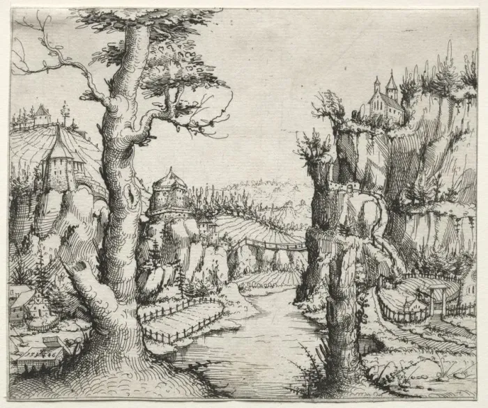 Framed Print : River Landscape with rocks at left ana at right, 1546. Creator: Augustin Hirschvogel (German Framed Print : River Landscape with rocks at left ana at right, 1546. Creator: Augustin Hirschvogel (German