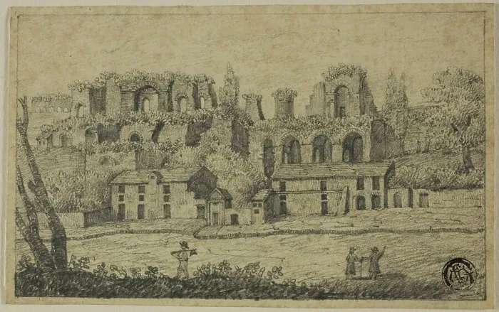 Framed Print : River Landscape with Roman Ruins, 18th century. Creator: Unknown Framed Print : River Landscape with Roman Ruins, 18th century. Creator: Unknown