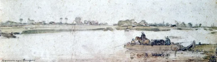 Framed Print : River landscape with rope ferry, early 17th century. Artist: Hendrick Avercamp Framed Print : River landscape with rope ferry, early 17th century. Artist: Hendrick Avercamp